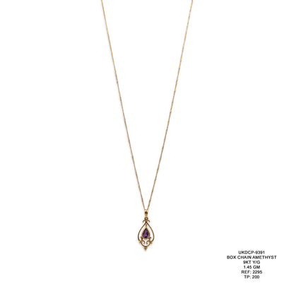 9KT Yellow Gold Box Chain with Amethyst Pendant 1.45GM – Elegant Amethyst Gold Necklace