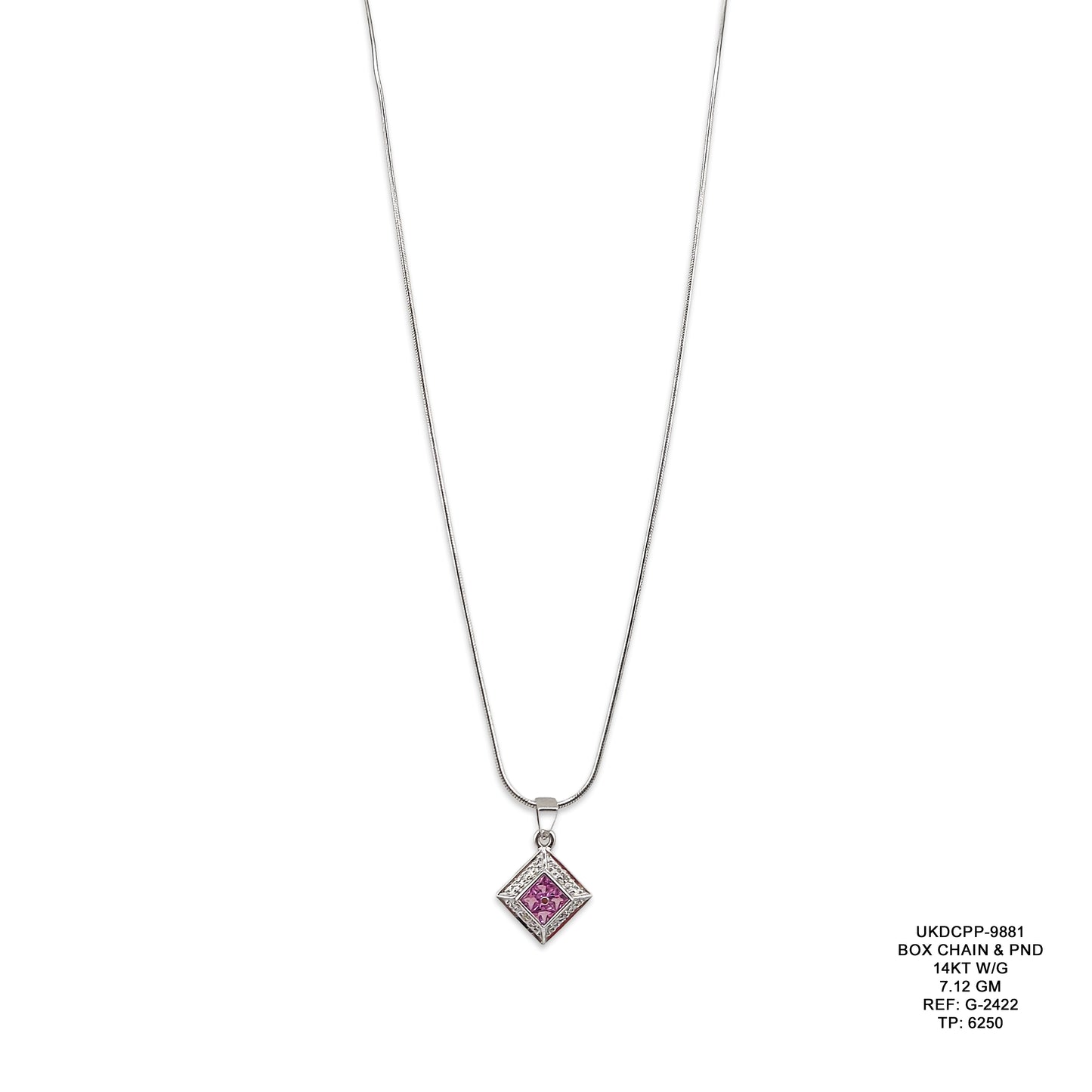 14KT White Gold Box Chain & Pendant Set 7.12GM – Elegant White Gold Necklace with Pendant