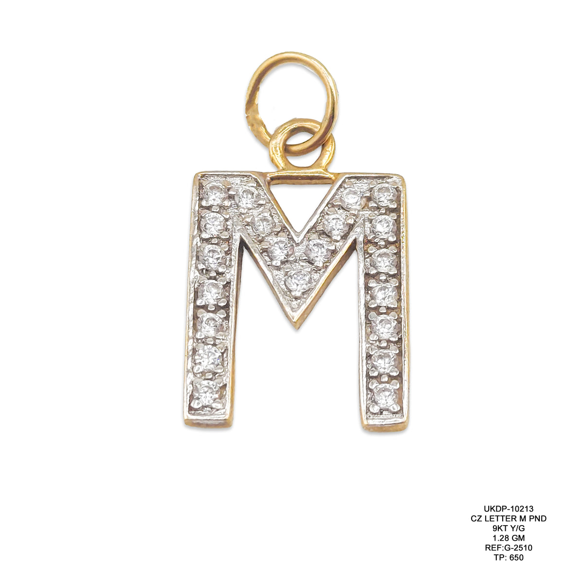 9KT Yellow Gold CZ Letter M Pendant 1.28GM – Cubic Zirconia Initial M Gold Pendant