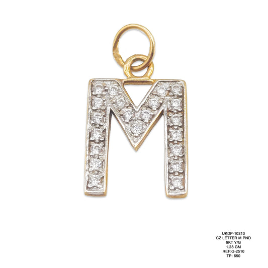 9KT Yellow Gold CZ Letter M Pendant 1.28GM – Cubic Zirconia Initial M Gold Pendant