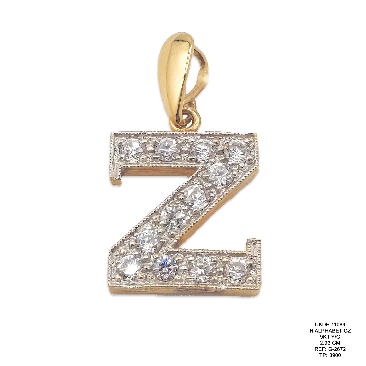 9KT Yellow Gold CZ Letter N Pendant 2.93GM – Cubic Zirconia Initial N Gold Pendant