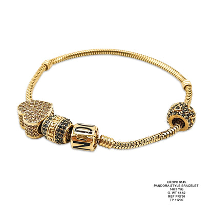 14KT Yellow Gold Pandora Style Bracelet 13.52GM – Elegant Designer Charm Bracelet