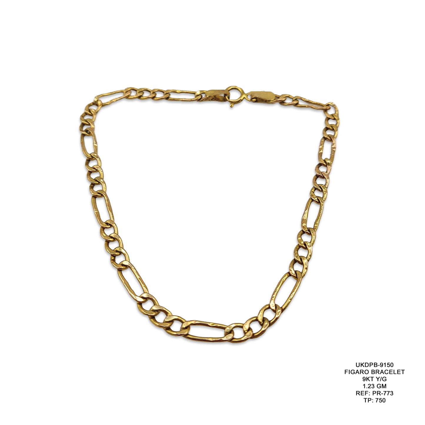 9KT Yellow Gold Figaro Bracelet 1.23GM – Elegant Lightweight Gold Chain Bracelet