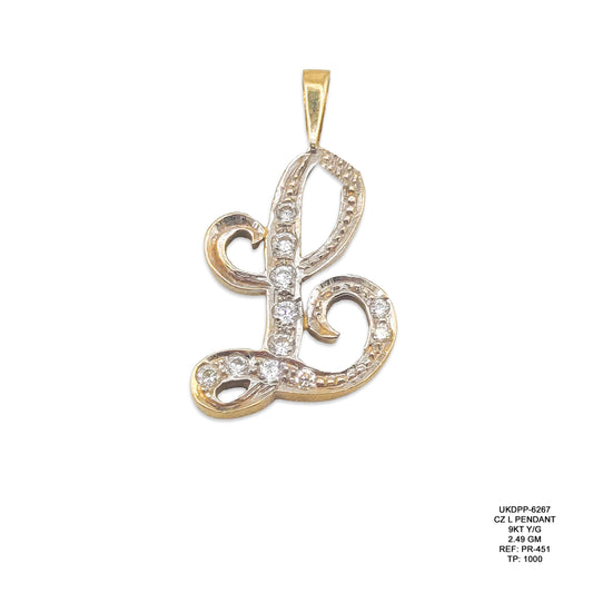 9KT Yellow Gold CZ Letter L Pendant 2.49GM – Cubic Zirconia Initial L Gold Pendant