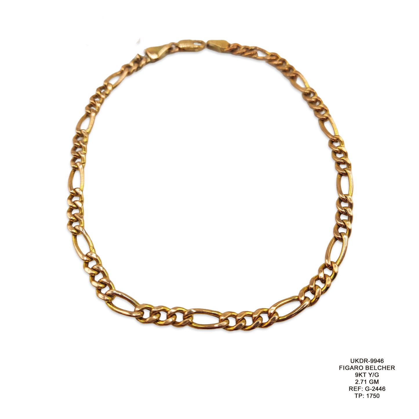 9KT Yellow Gold Figaro Belcher Bracelet 2.71GM – Elegant Lightweight Gold Chain Bracelet