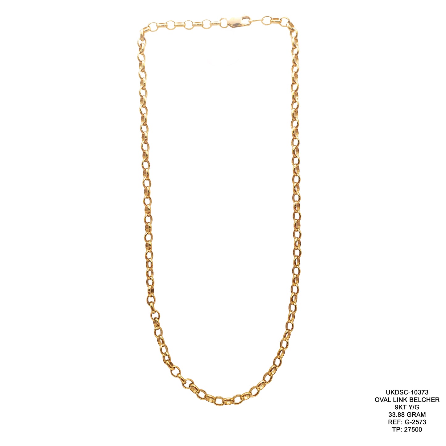 9KT Yellow Gold Oval Link Belcher Chain 33.88GM – Luxury Designer Gold Chain