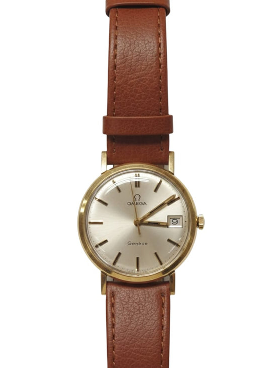 Vintage Omega Genève Gold-Plated Manual Wind Watch with Date & Leather Strap